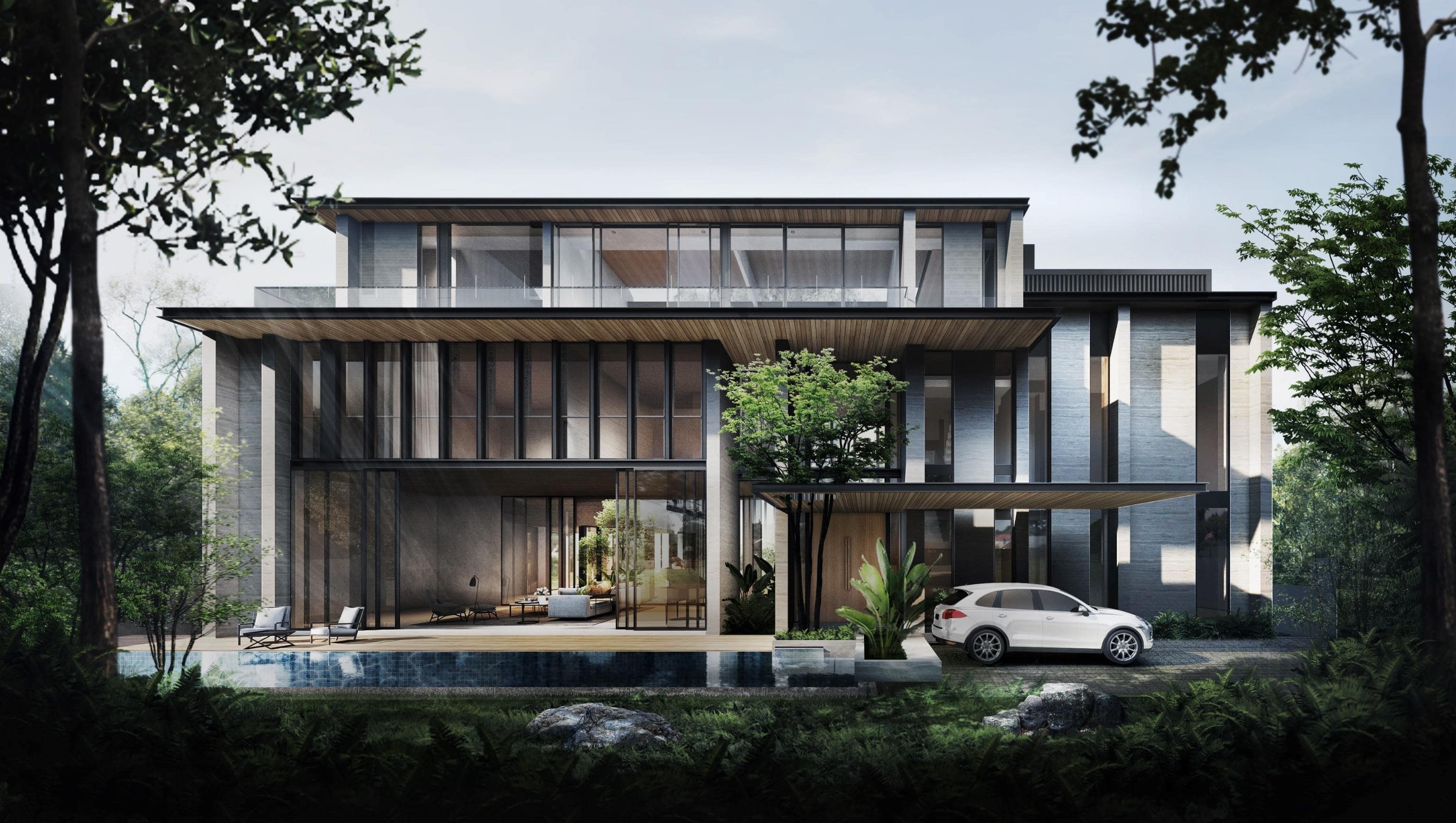 Bright outdoor architecture opens to pool