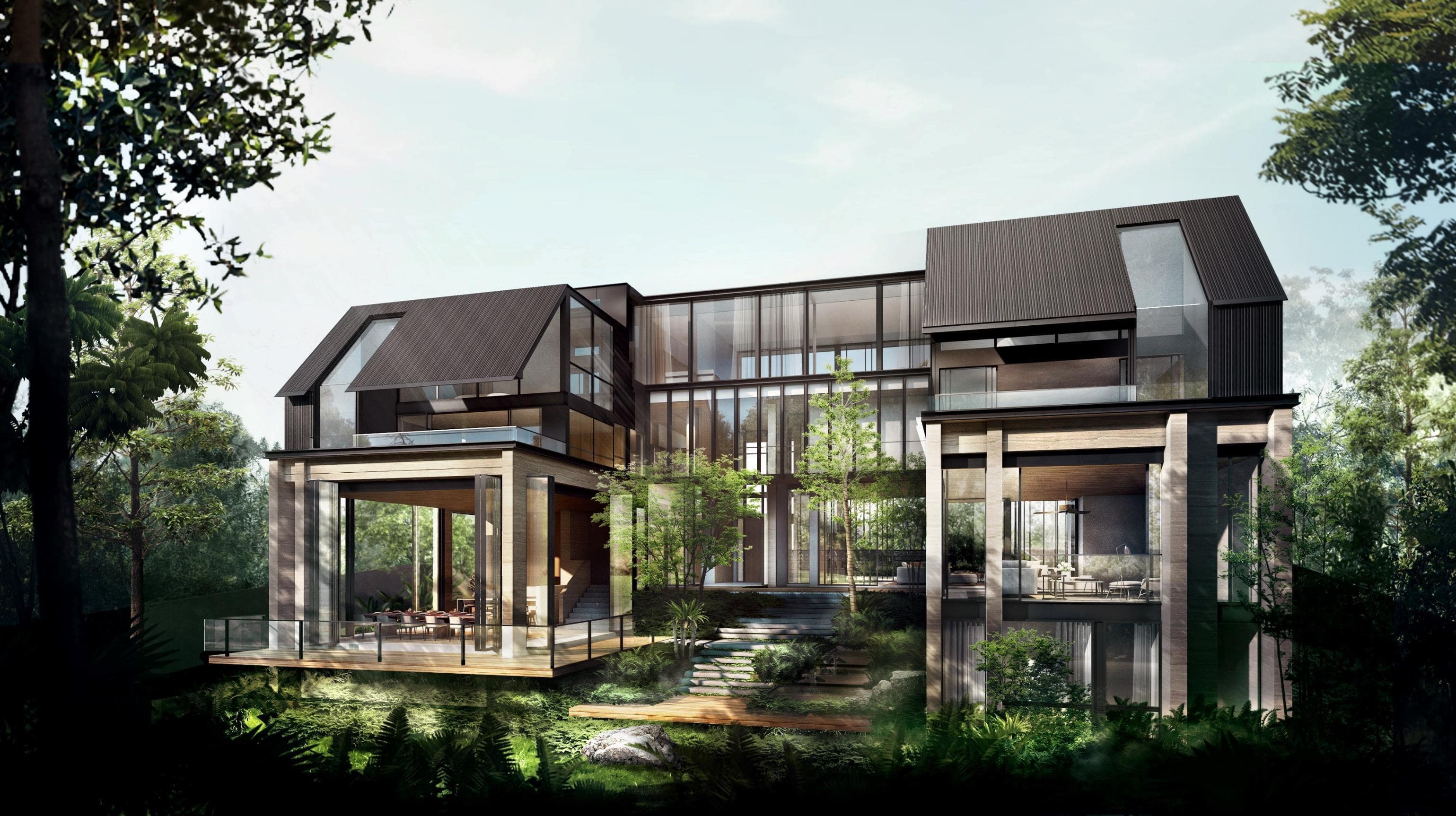 Modern facades gleam in sunlight