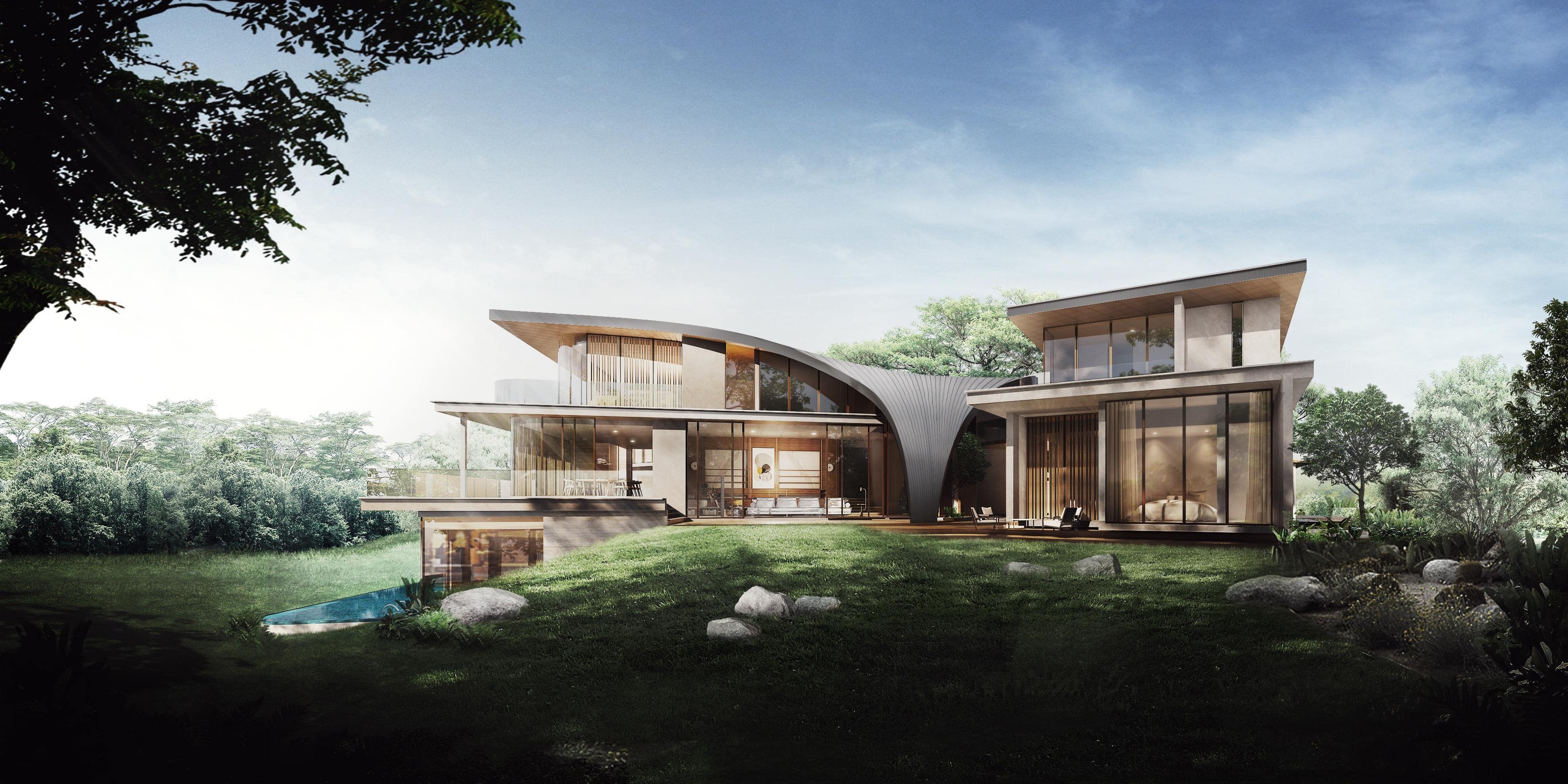 Modern house on a grassy hill