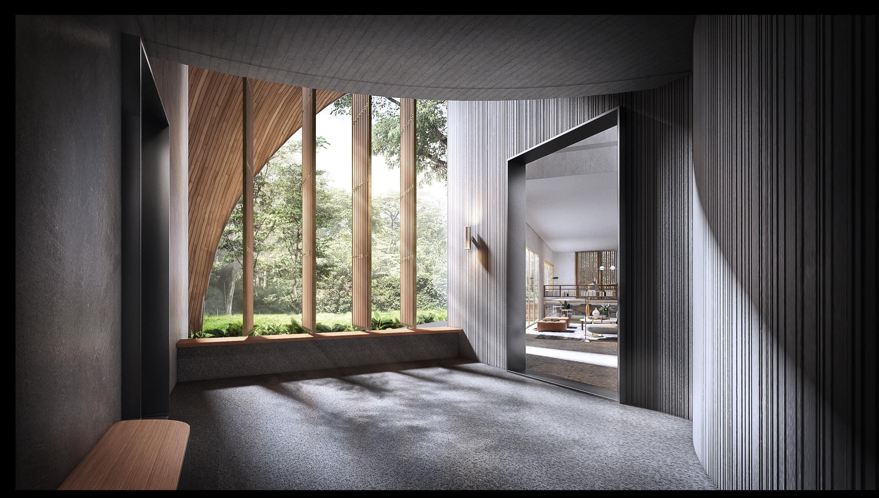 Hallway with curved wooden window