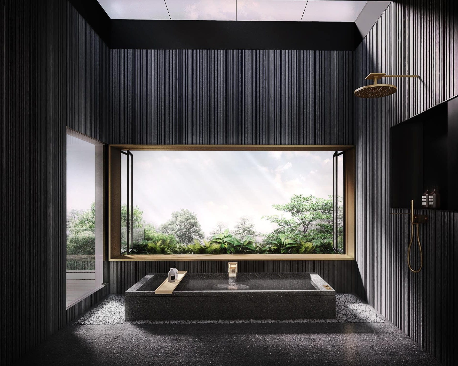Minimalist bathroom with a large window