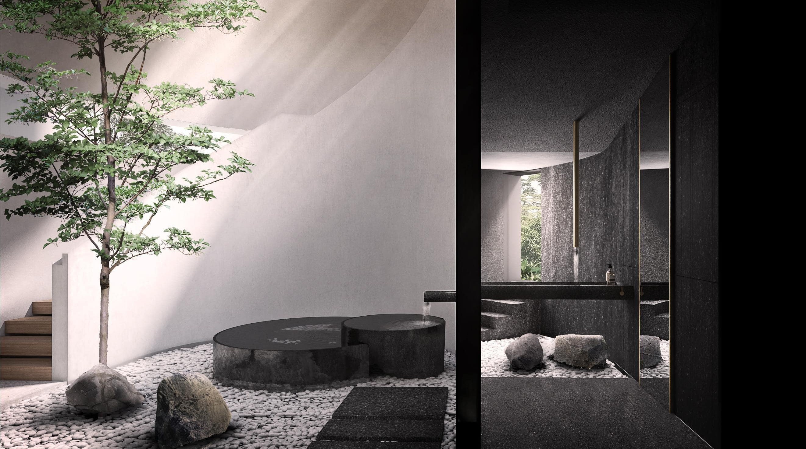 Outdoor spa with dark bathroom