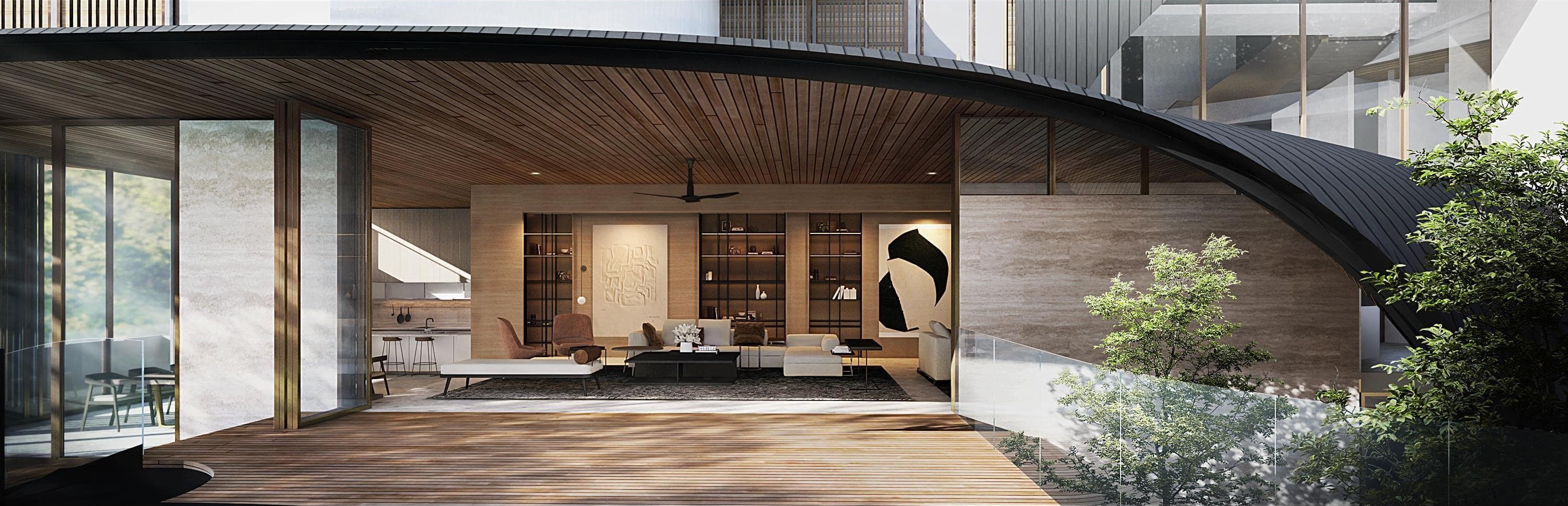 Living room with wooden ceiling