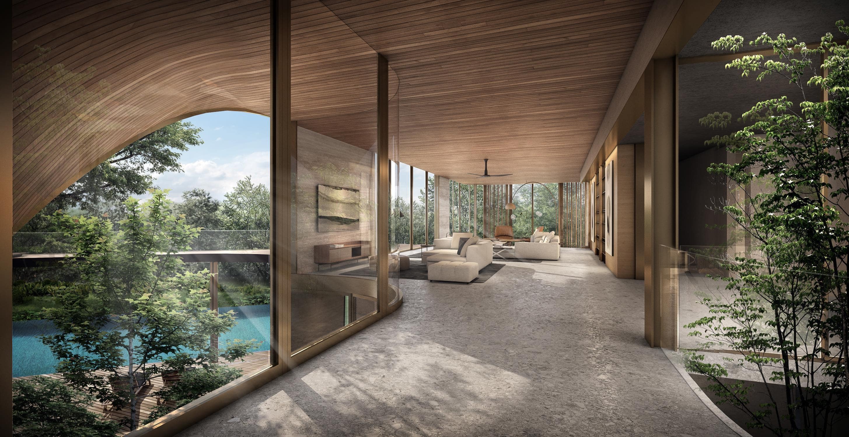 Modern living area with curved ceiling