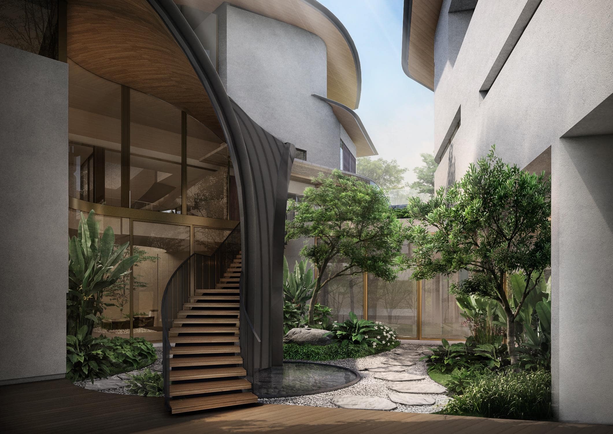 Unique staircase and a serene garden