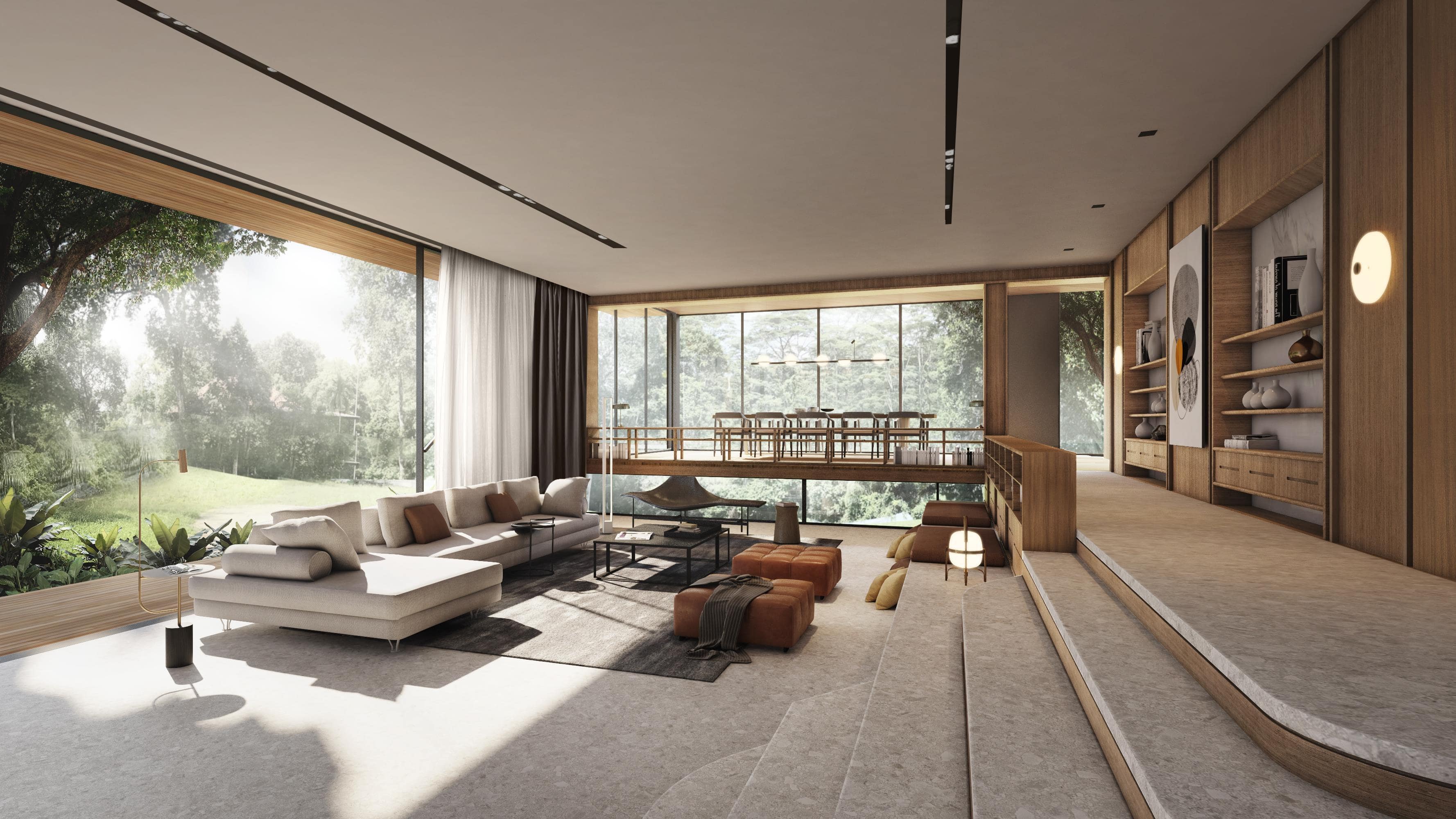 Sunken living room with large windows