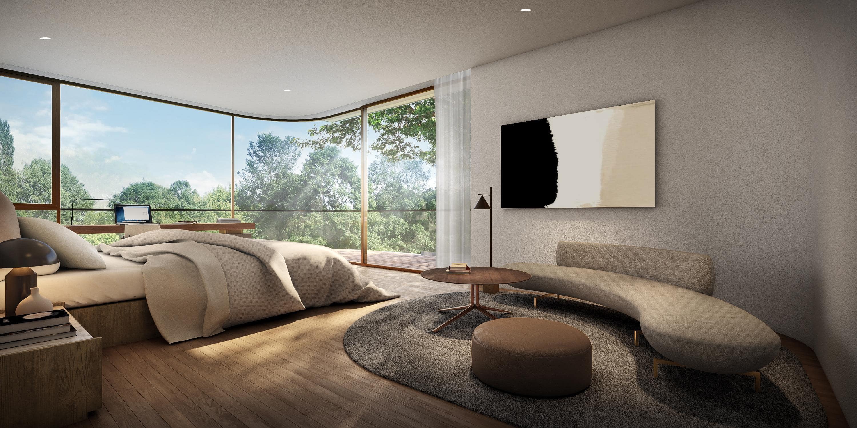 Minimalist bedroom with scenic view