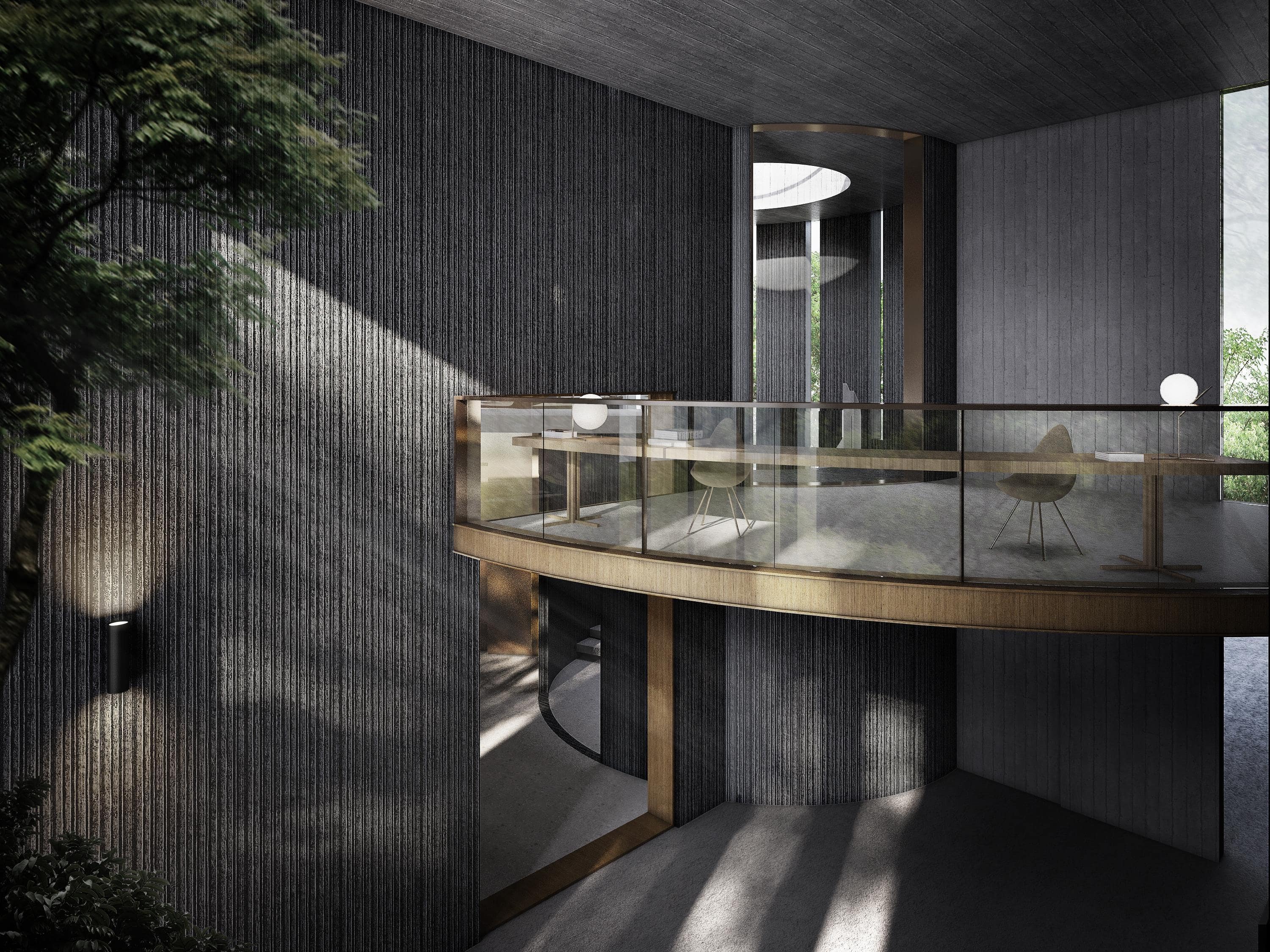 Curved balcony in textured hallway
